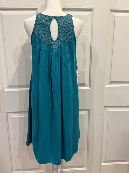 NWT Shyanne Teal Crochet Lace Yoke Boho Swing Dress M - Picture 8 of 10